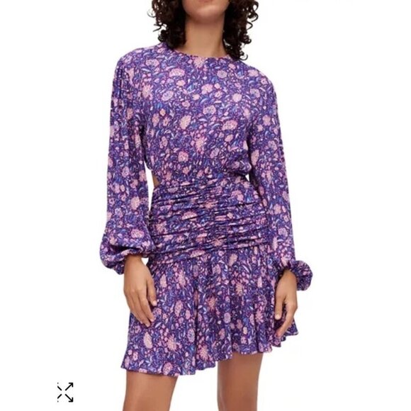 Maje Floral Mini Dress Size 38 UK 10 $445 Purple Georgette Smocked Cut Out Boho - Picture 1 of 16